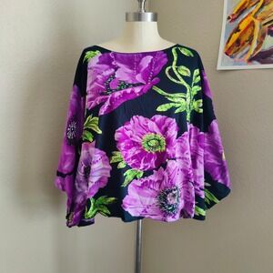 Vintage Y2K Newport News Floral Batwing Blouse Poppy Print Boho Artsy Sequin L